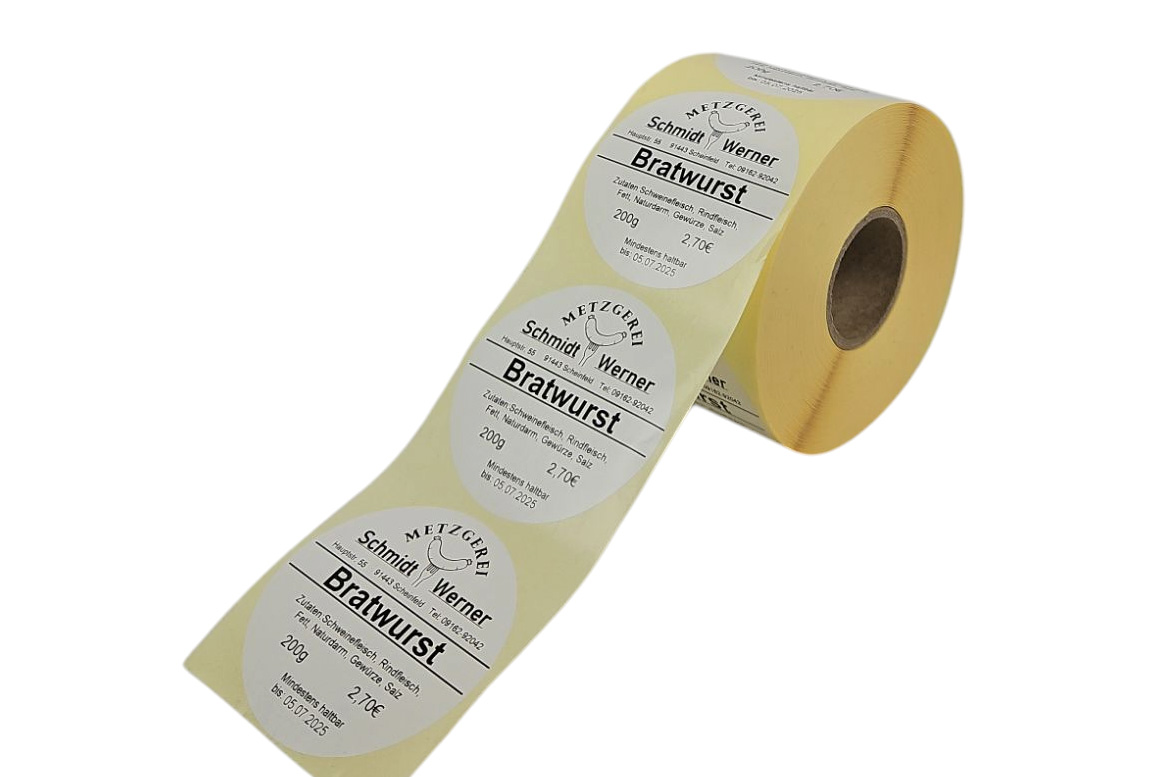 bedrucktes Beispiel Thermotranferetiketten 70mm Kreis blanko weiß
